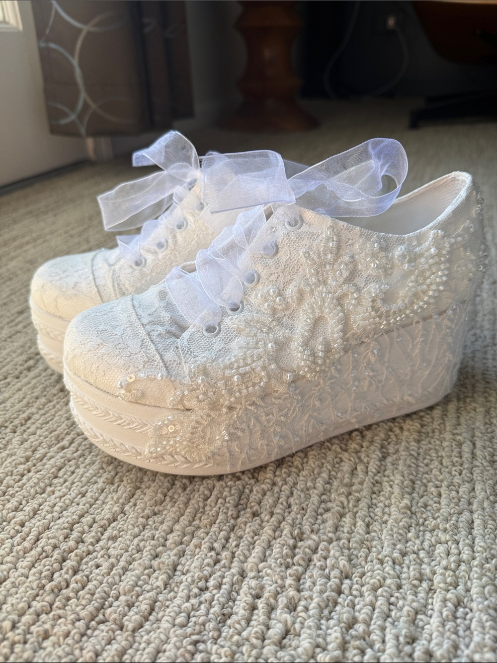 Bridal Wedding Platform Sneakers with Lace beads sheer laces Size 7.5US 38UK